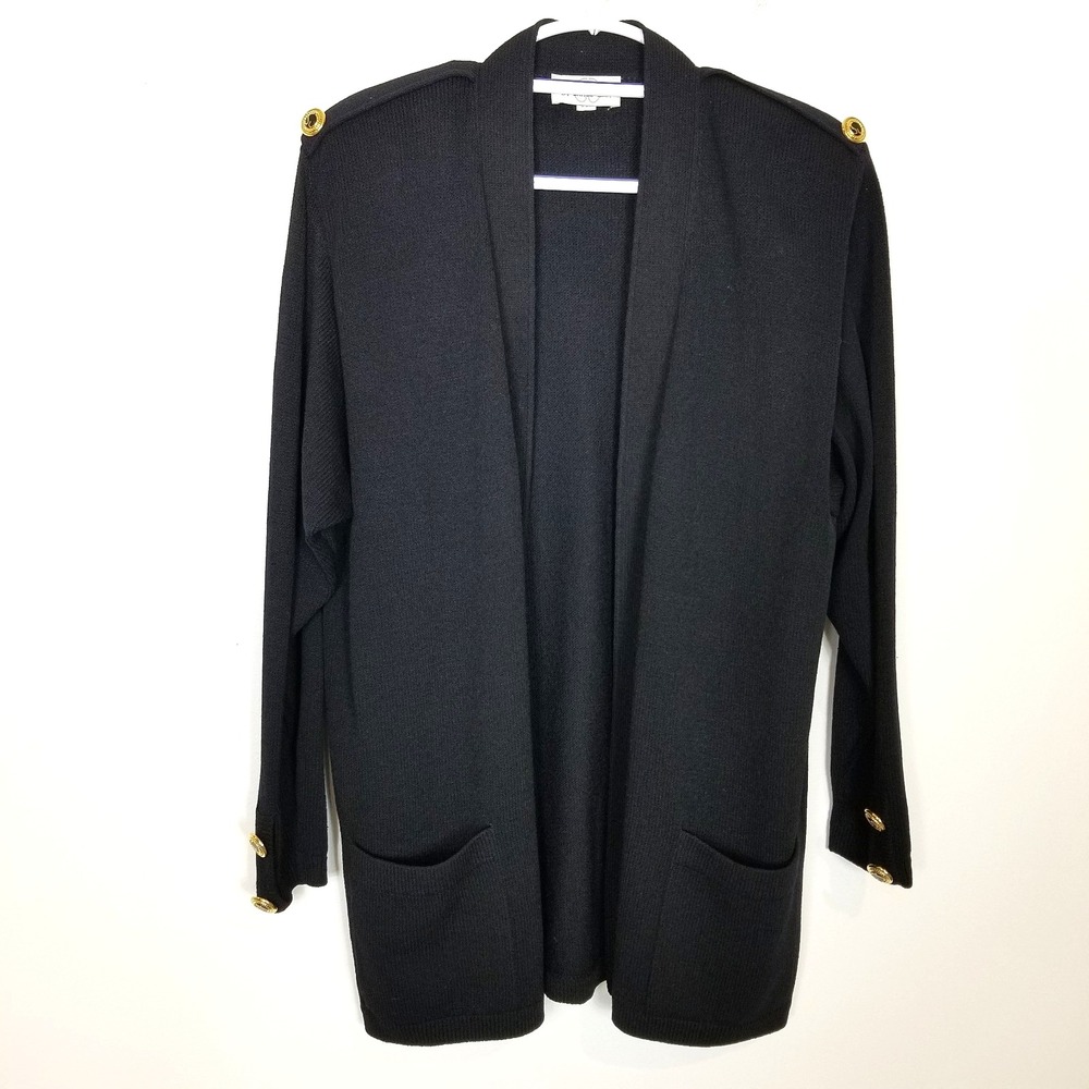 St. John Marie Gray Santana Knit Open Front Cardigan Sz L Black Gold Buttons